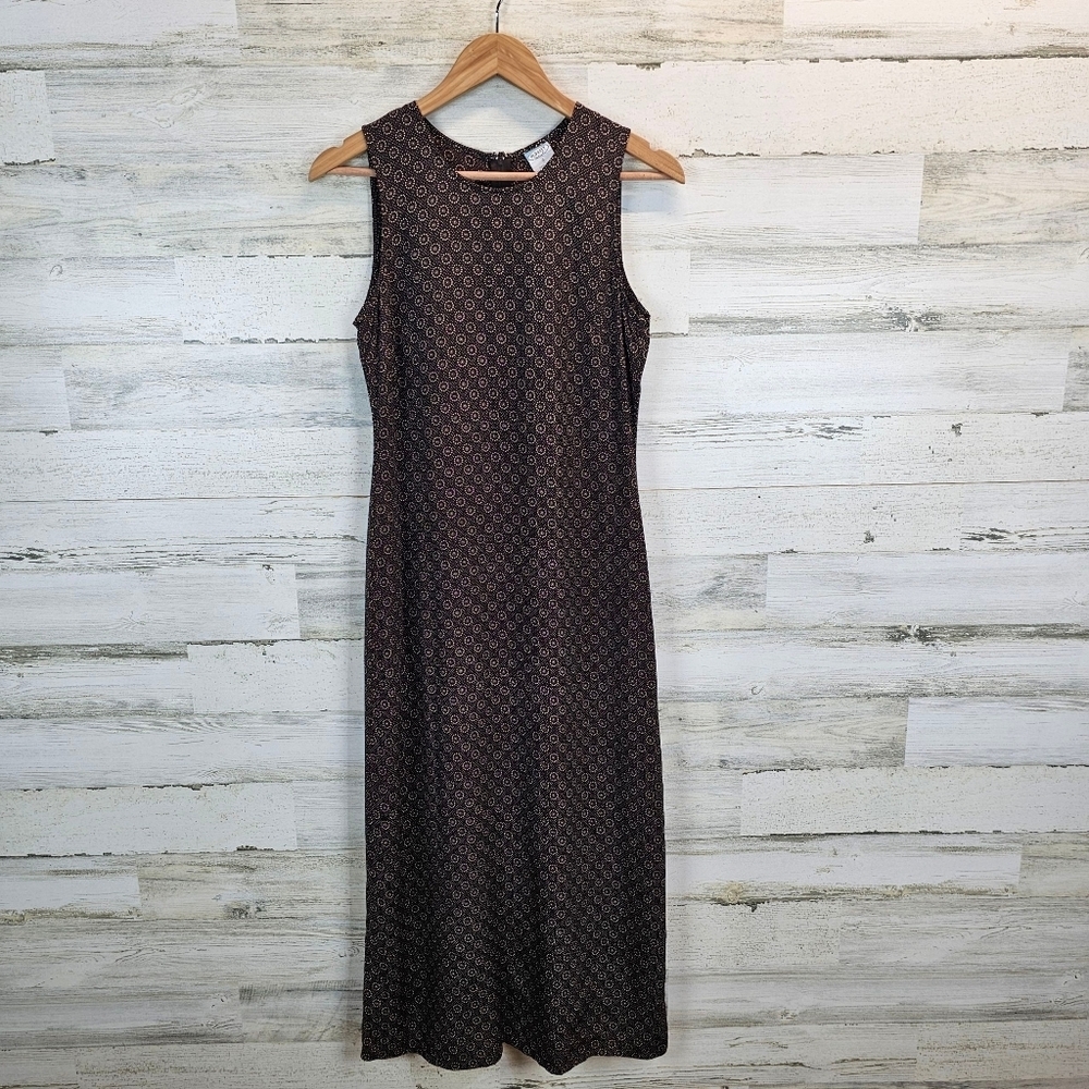 Vintage Old Navy 90s Chocolate Brown Print Midi Dress Sz 4 Rayon Sleeveless - Picture 9 of 16